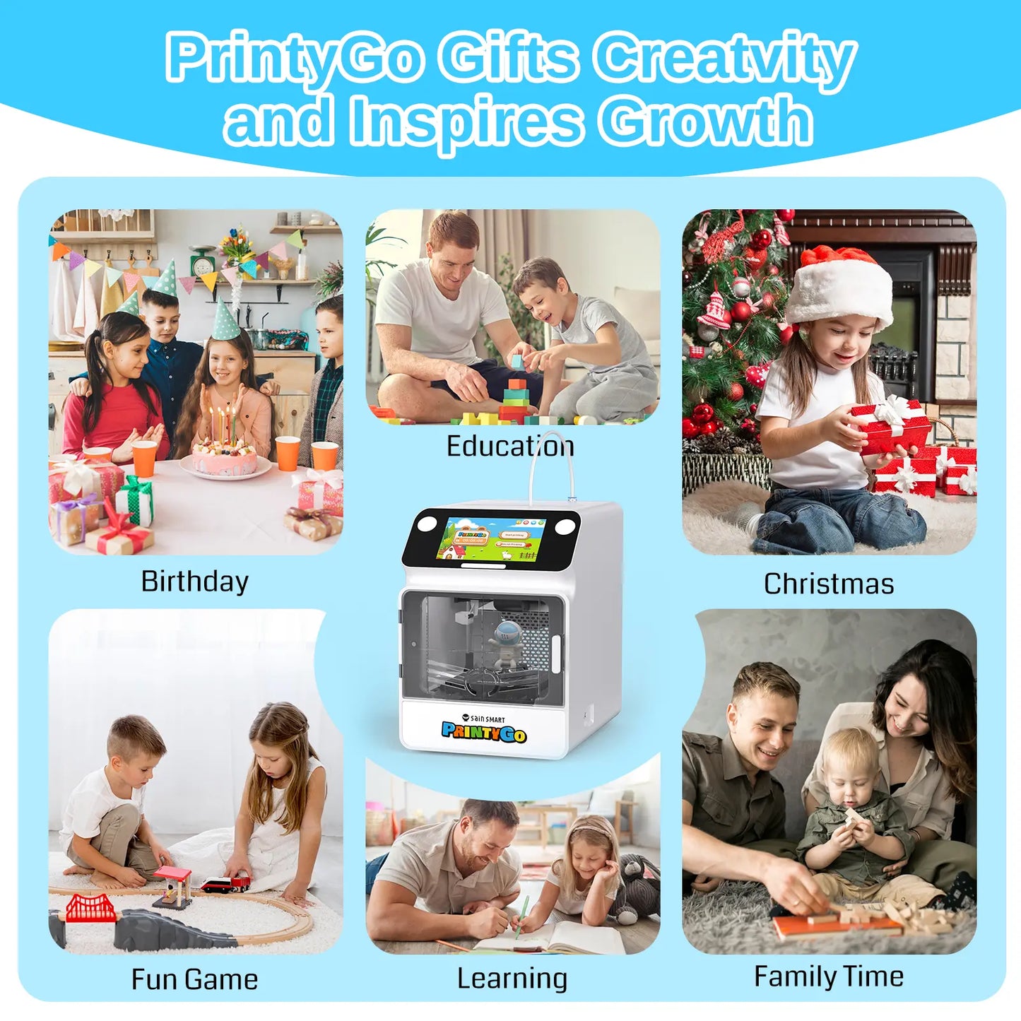 Sainsmart Printygo 3D Printer for Kids, 600Mm/S Auto Leveling Printer for Beginners with 5" Touch Screen, 1500+ Models, Child-Safe Design, Wi-Fi/App Control, Pre-Assembled for STEM Learning Gift