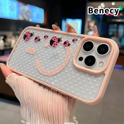 Clear Phone Case for Iphone 17 16 Pro Max plus 15 14 13 12 11 Air E Ladybug Floral Dots Pattern Magnetic Sunction Acrylic Back Full Body Protective Cover Protection Wireless Shockproof Transparent Silicone Casing