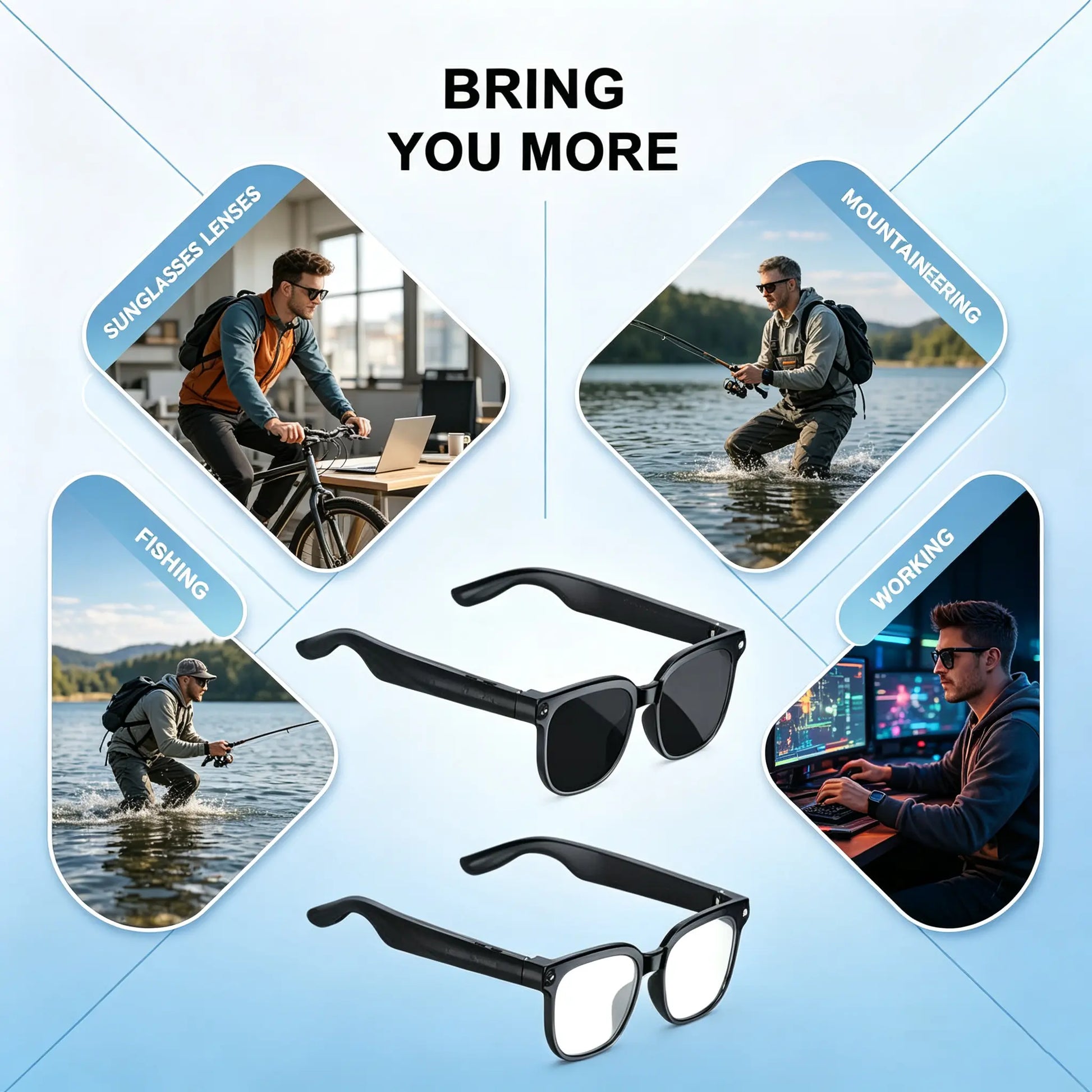 Smart Camera Glasses 8MP HD Sensor 1080P Video Recording Waterproof Touch Adjustment Clear Calls AI Voice Control 7H Battery Life Wear Detection WIFI Transfer POV Hands-Free Eyeglasses for Sports Travel