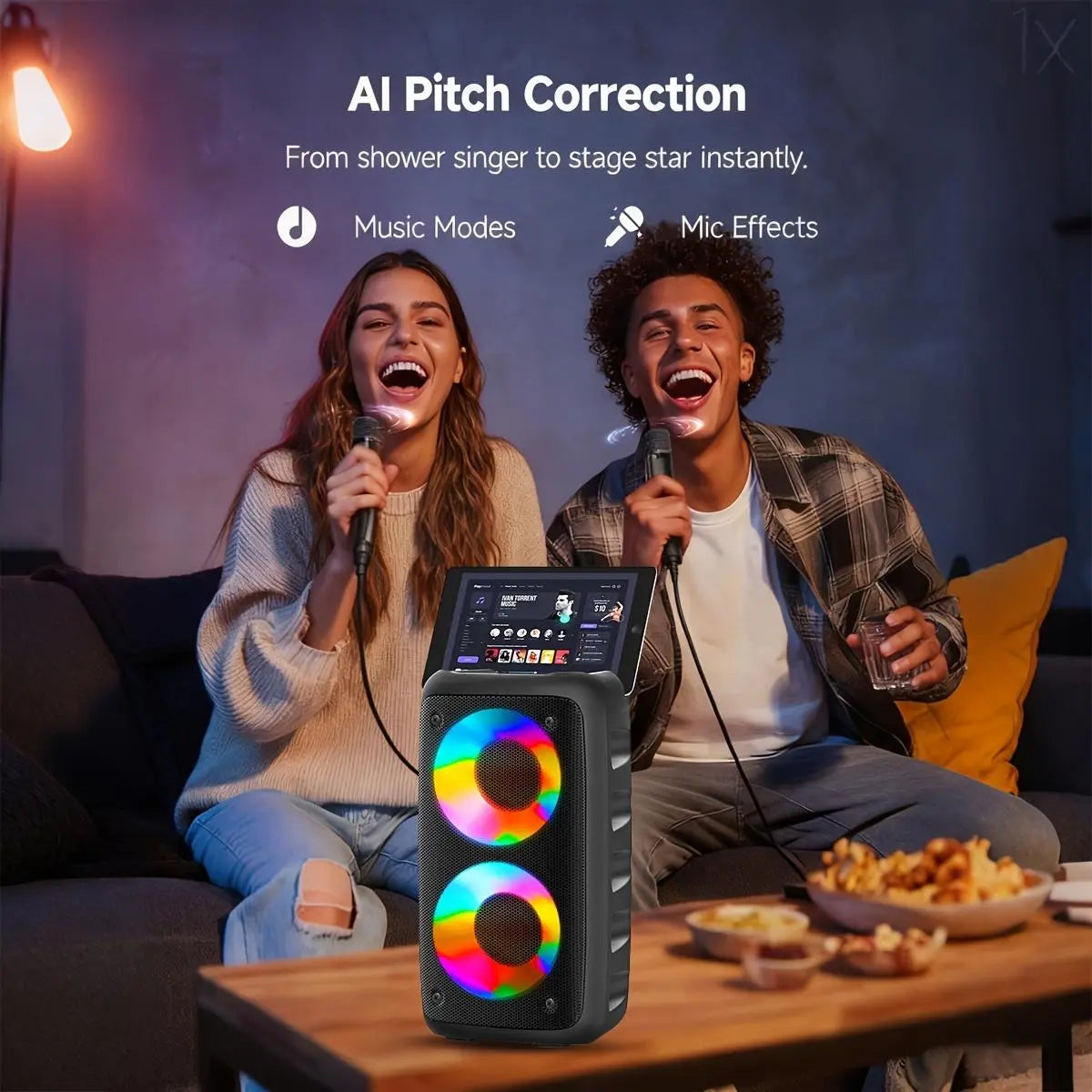 Portable Wireless Bluetooth Speaker - Dual 4" Subwoofer, Loud Bass & RGB Lights. Supports TWS, MIC, USB, AUX. Perfect for Outdoor Camping, Karaoke & Parties. Ideal Holiday Gift! Microphone with Stereo Btspeaker