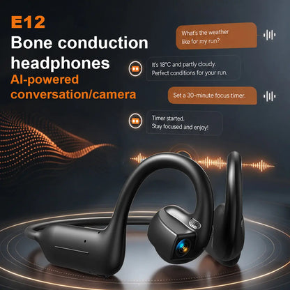 E12 Bone Conduction Camera Headset, AI Smart Conversation Open-Ear Bluetooth Earphones, Supports HD Video Recording & Voice Recording, Real-Time Translation via App, Ideal for Daily Life Recording, Cycling and Travel.