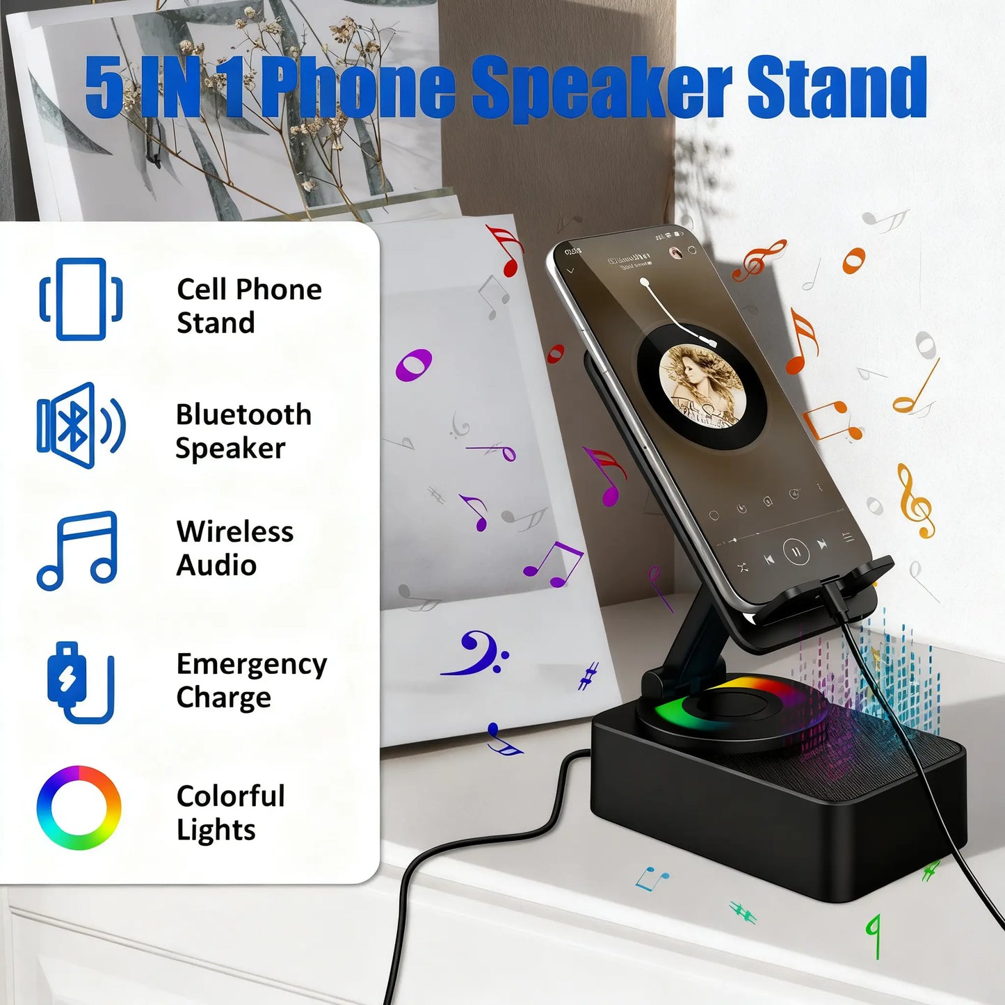 New 5 in 1 Wireless Speaker Phone Bracket – RGB Dynamic Light Spinning Foldable Emergency Power Bank for Tablet Cellphone, Gift for Him Her