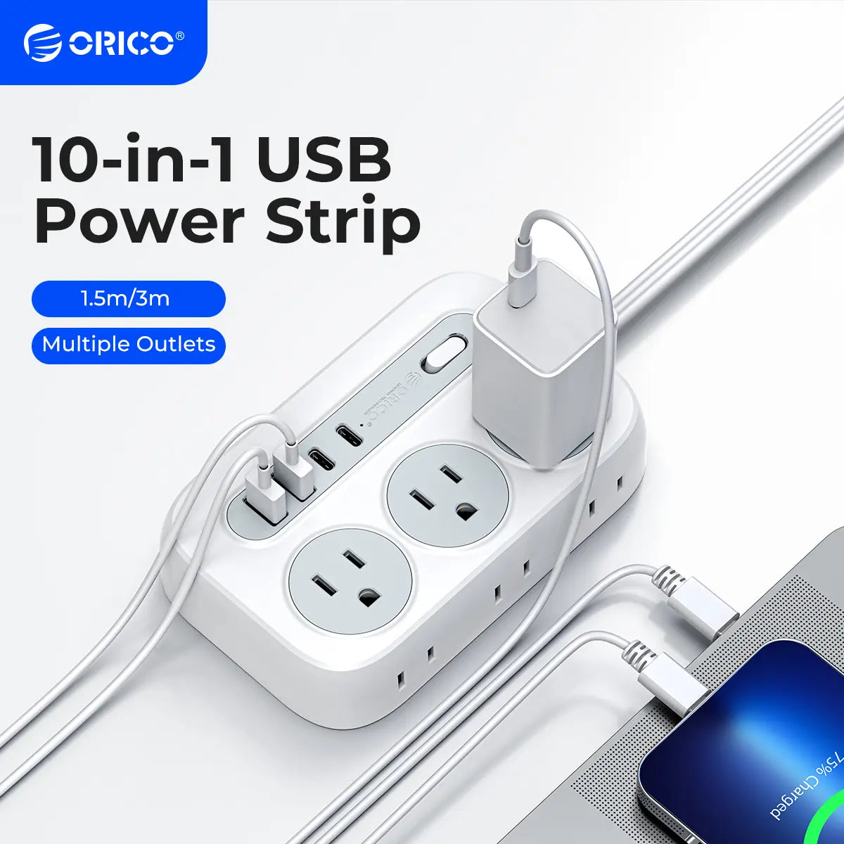 ORICO OG Series 10-In-1 Multifunctional Power Strip, 6 AC Outlets, 2 USB-A & 2 USB-C Ports, Compact Surge Protector, 1.5M/3M Cable Length Options, with 10-Year International Warranty for Home Office & Travel--Og15