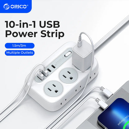 ORICO OG Series 10-In-1 Multifunctional Power Strip, 6 AC Outlets, 2 USB-A & 2 USB-C Ports, Compact Surge Protector, 1.5M/3M Cable Length Options, with 10-Year International Warranty for Home Office & Travel--Og15