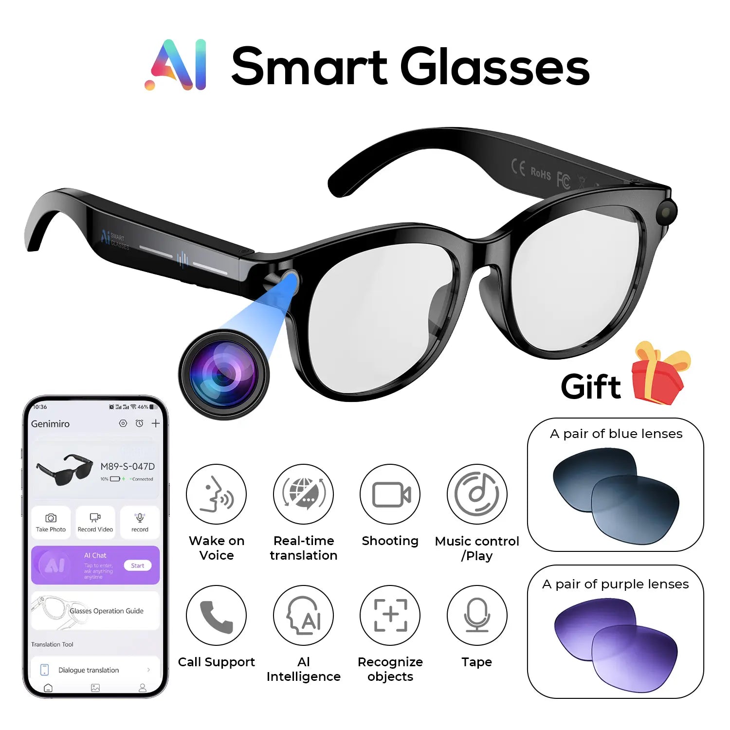 800W HD Camera Smart Sport Glasses, AI Smart Glasses，Photo/Video/Recording (Light on When Recording), Remote Shutter Controlai Voice Assistant, Object Recognition, Bluetooth Music Control & Call, Multilingual Translation, Lightweight Wear, Meta Glasses