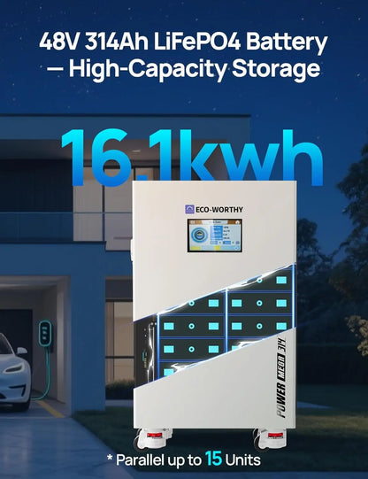 ECO-WORTHY Powermega 48V 314Ah Lifepo4 Battery and 5Kw Solar Inverter Energy Storage System with Active Balancing BMS, Bluetooth Monitoring, and Communication Capabilities for Home Backup and Emergency Use
