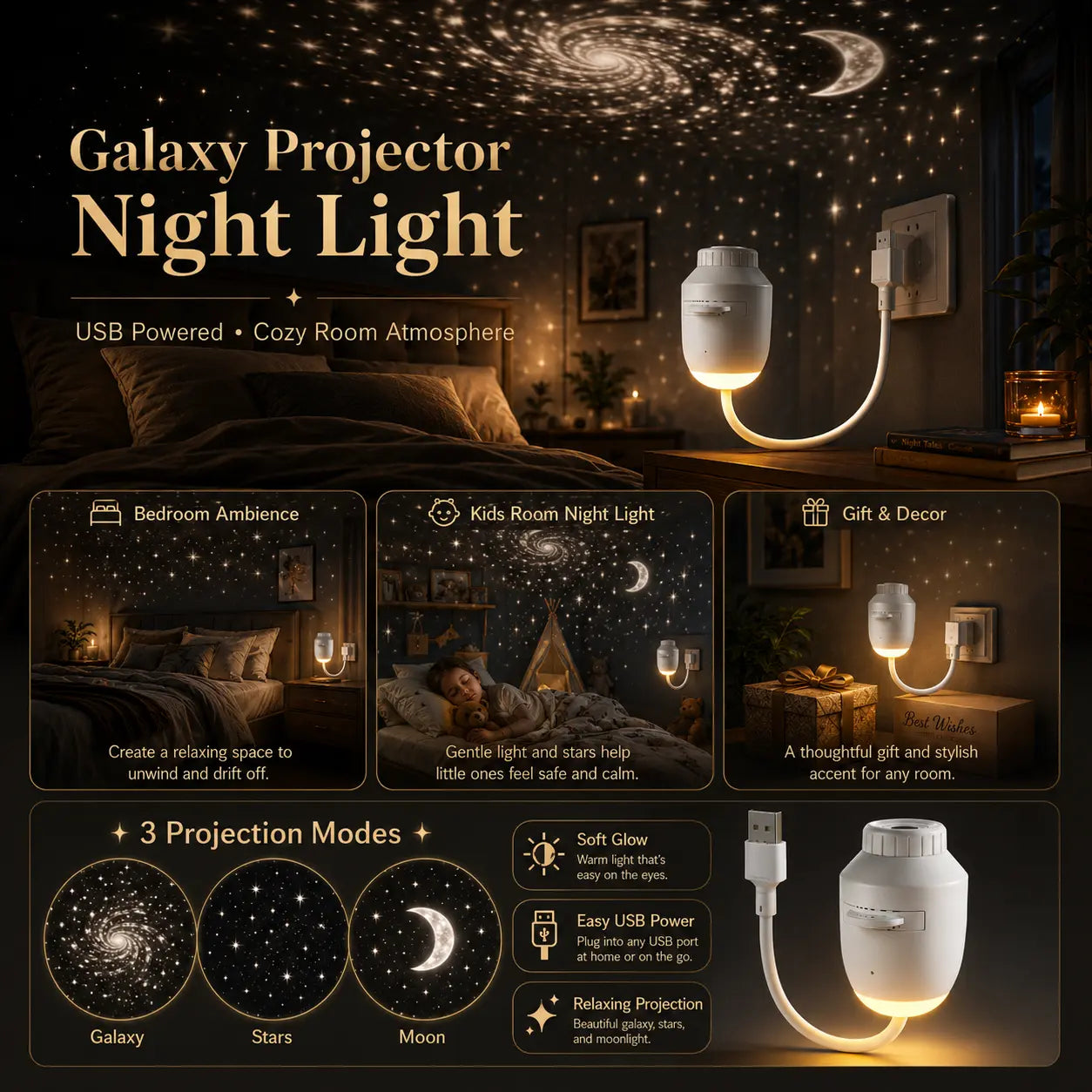 Starry Sky Projector Night Light – Galaxy & Moon LED Star Projector for Bedroom, Touch Control, USB Powered Ambient Lamp, 3 Projection Modes