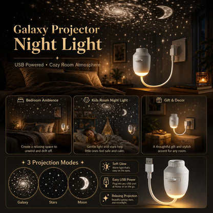 Starry Sky Projector Night Light – Galaxy & Moon LED Star Projector for Bedroom, Touch Control, USB Powered Ambient Lamp, 3 Projection Modes