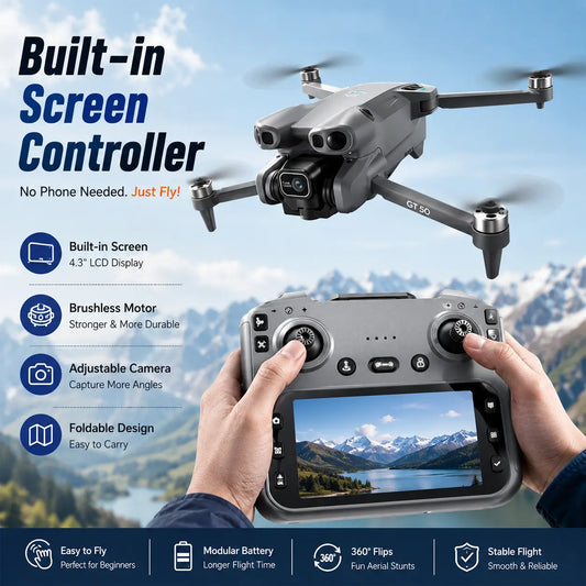 GT50 Brushless Drone Tools and Gadgets with Screen Remote Controller, Adjustable Camera, Optical Flow Positioning