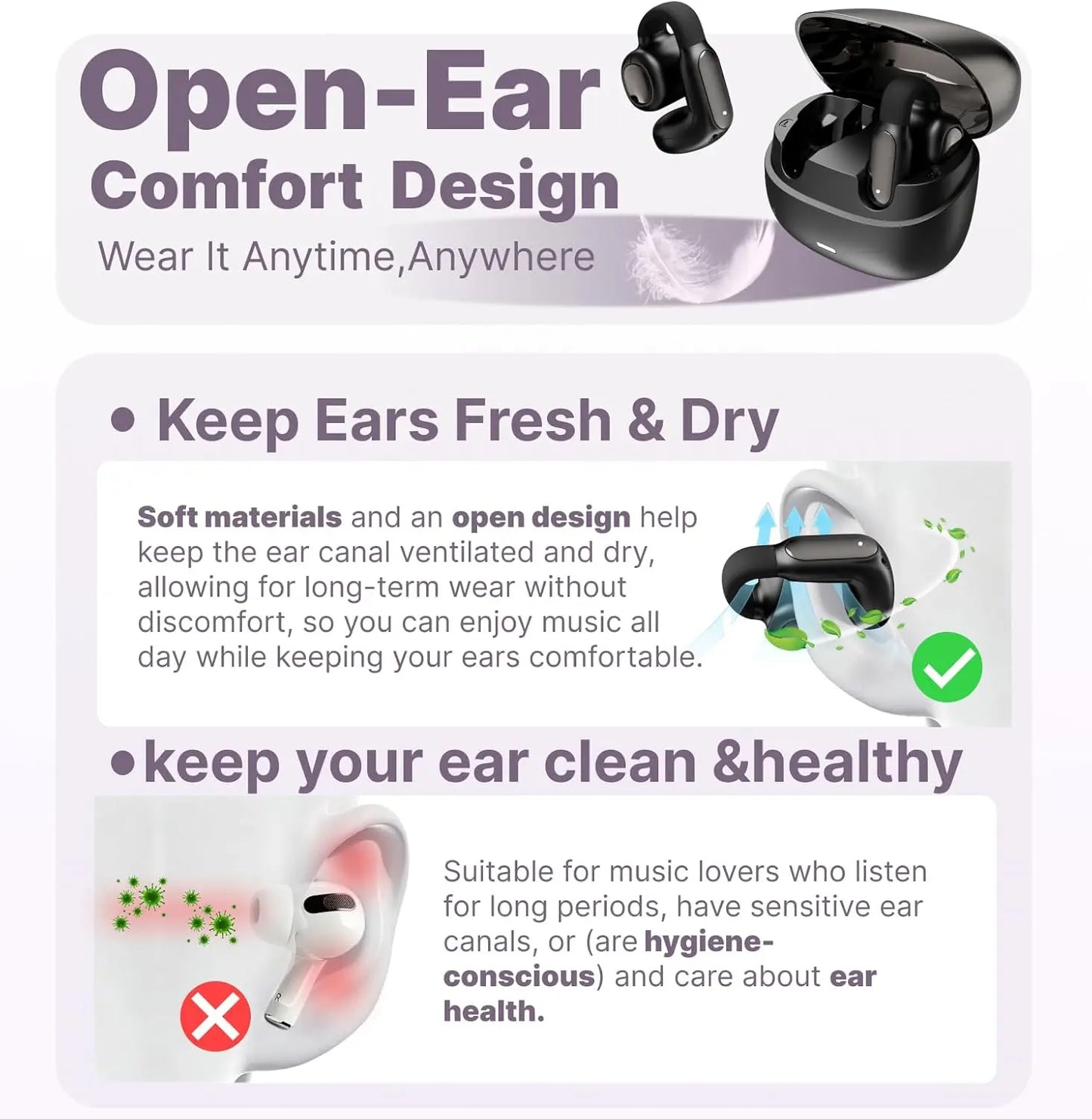 Hmusic A24 Open-Ear Headset - Bluetooth 6.0 TWS Wireless Earbud-Style Open-Ear Clip-On Earphones, AI ENC, IPX5 Water Resistant, Touch Control, Handsfree for Office, Fitness