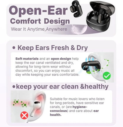 Hmusic A24 Open-Ear Headset - Bluetooth 6.0 TWS Wireless Earbud-Style Open-Ear Clip-On Earphones, AI ENC, IPX5 Water Resistant, Touch Control, Handsfree for Office, Fitness