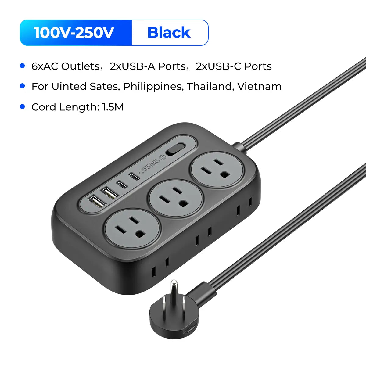 ORICO OG Series 10-In-1 Multifunctional Power Strip, 6 AC Outlets, 2 USB-A & 2 USB-C Ports, Compact Surge Protector, 1.5M/3M Cable Length Options, with 10-Year International Warranty for Home Office & Travel--Og15