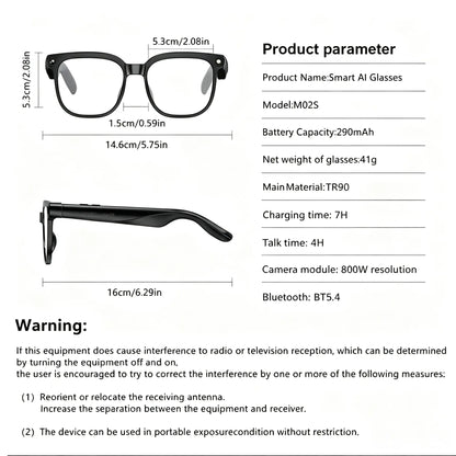 Smart Camera Glasses 8MP HD Sensor 1080P Video Recording Waterproof Touch Adjustment Clear Calls AI Voice Control 7H Battery Life Wear Detection WIFI Transfer POV Hands-Free Eyeglasses for Sports Travel