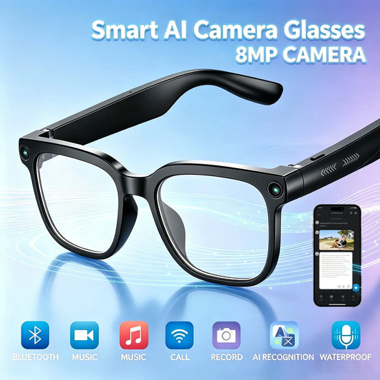 Smart Camera Glasses 8MP HD Sensor 1080P Video Recording Waterproof Touch Adjustment Clear Calls AI Voice Control 7H Battery Life Wear Detection WIFI Transfer POV Hands-Free Eyeglasses for Sports Travel