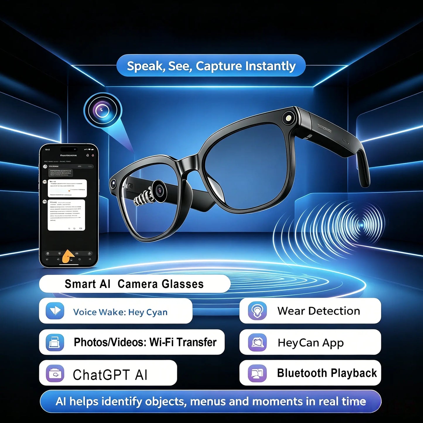 Smart Camera Glasses 8MP HD Sensor 1080P Video Recording Waterproof Touch Adjustment Clear Calls AI Voice Control 7H Battery Life Wear Detection WIFI Transfer POV Hands-Free Eyeglasses for Sports Travel