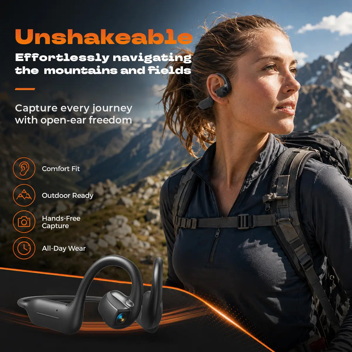 E12 Bone Conduction Camera Headset, AI Smart Conversation Open-Ear Bluetooth Earphones, Supports HD Video Recording & Voice Recording, Real-Time Translation via App, Ideal for Daily Life Recording, Cycling and Travel.