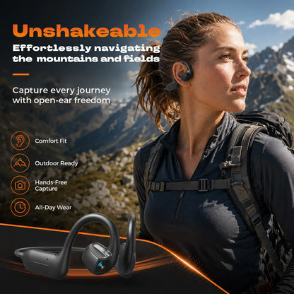 E12 Bone Conduction Camera Headset, AI Smart Conversation Open-Ear Bluetooth Earphones, Supports HD Video Recording & Voice Recording, Real-Time Translation via App, Ideal for Daily Life Recording, Cycling and Travel.