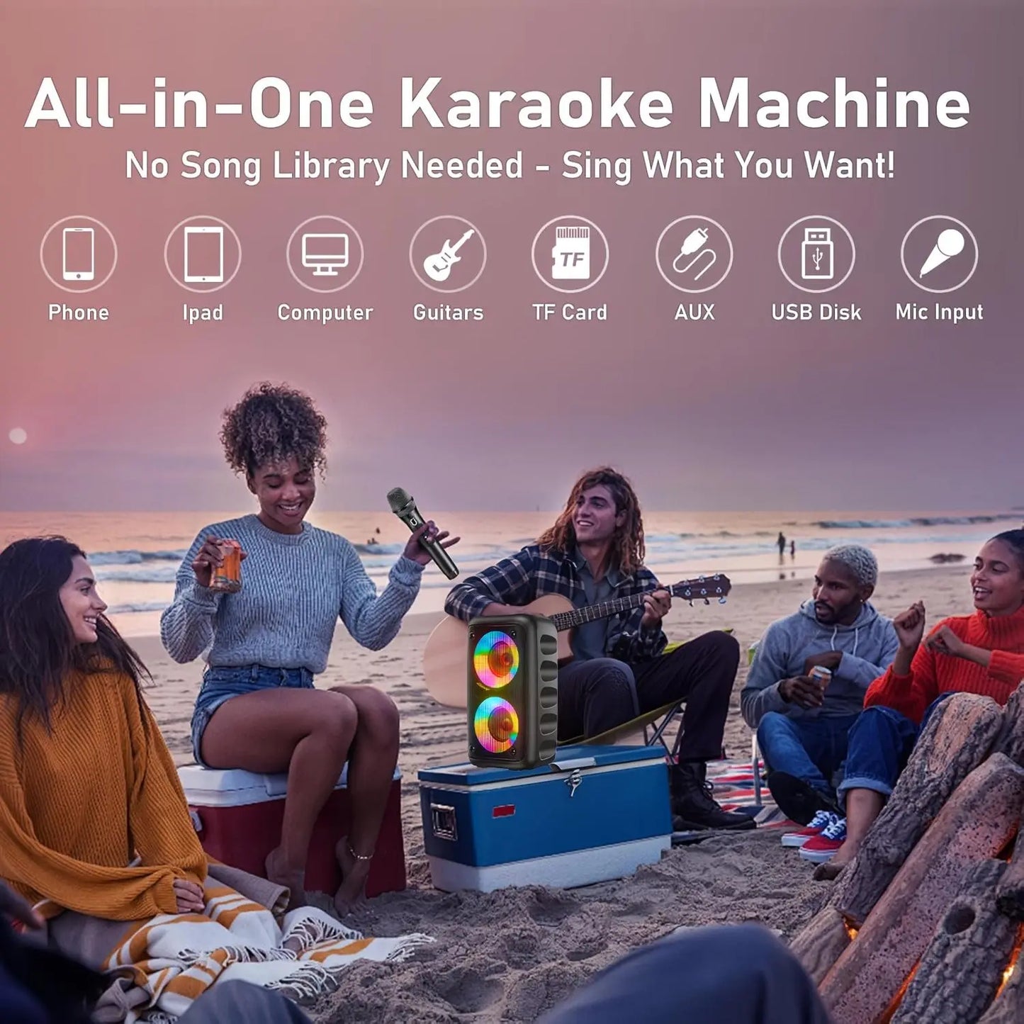 Portable Wireless Bluetooth Speaker - Dual 4" Subwoofer, Loud Bass & RGB Lights. Supports TWS, MIC, USB, AUX. Perfect for Outdoor Camping, Karaoke & Parties. Ideal Holiday Gift! Microphone with Stereo Btspeaker
