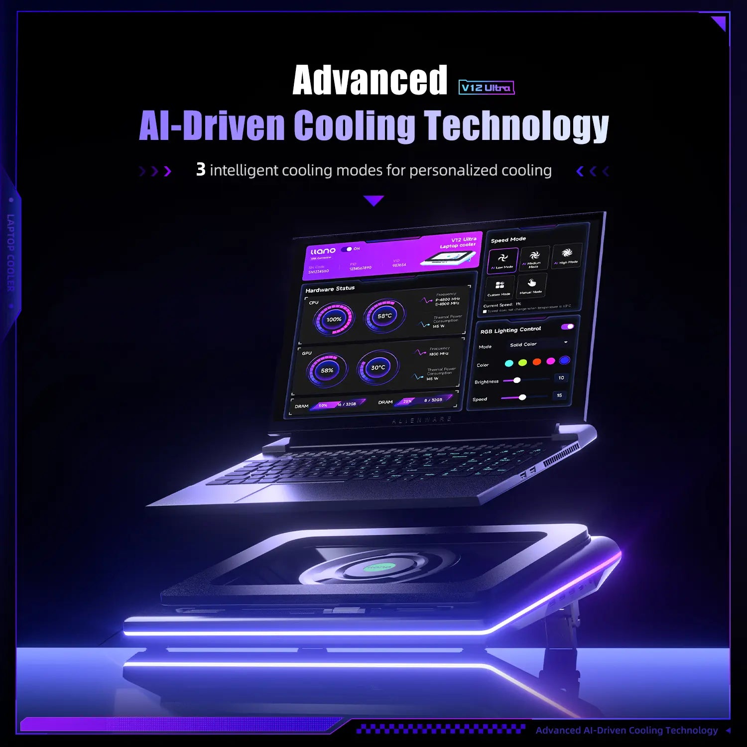 Dealsforyoudays Llano V12 Ultra Laptop Cooling Pad with Smart Software Control, RGB Gaming Laptop Fan Cooler Stand, 5.5" Turbo Fan, Adjustable Speed, 3*USB 3.0 Ports, 3 Height Stands, for 15.6"-21" Laptops
