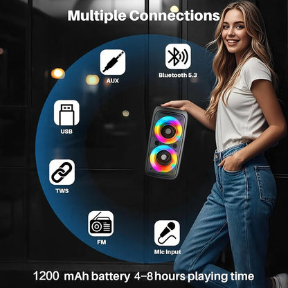 Portable Wireless Bluetooth Speaker - Dual 4" Subwoofer, Loud Bass & RGB Lights. Supports TWS, MIC, USB, AUX. Perfect for Outdoor Camping, Karaoke & Parties. Ideal Holiday Gift! Microphone with Stereo Btspeaker