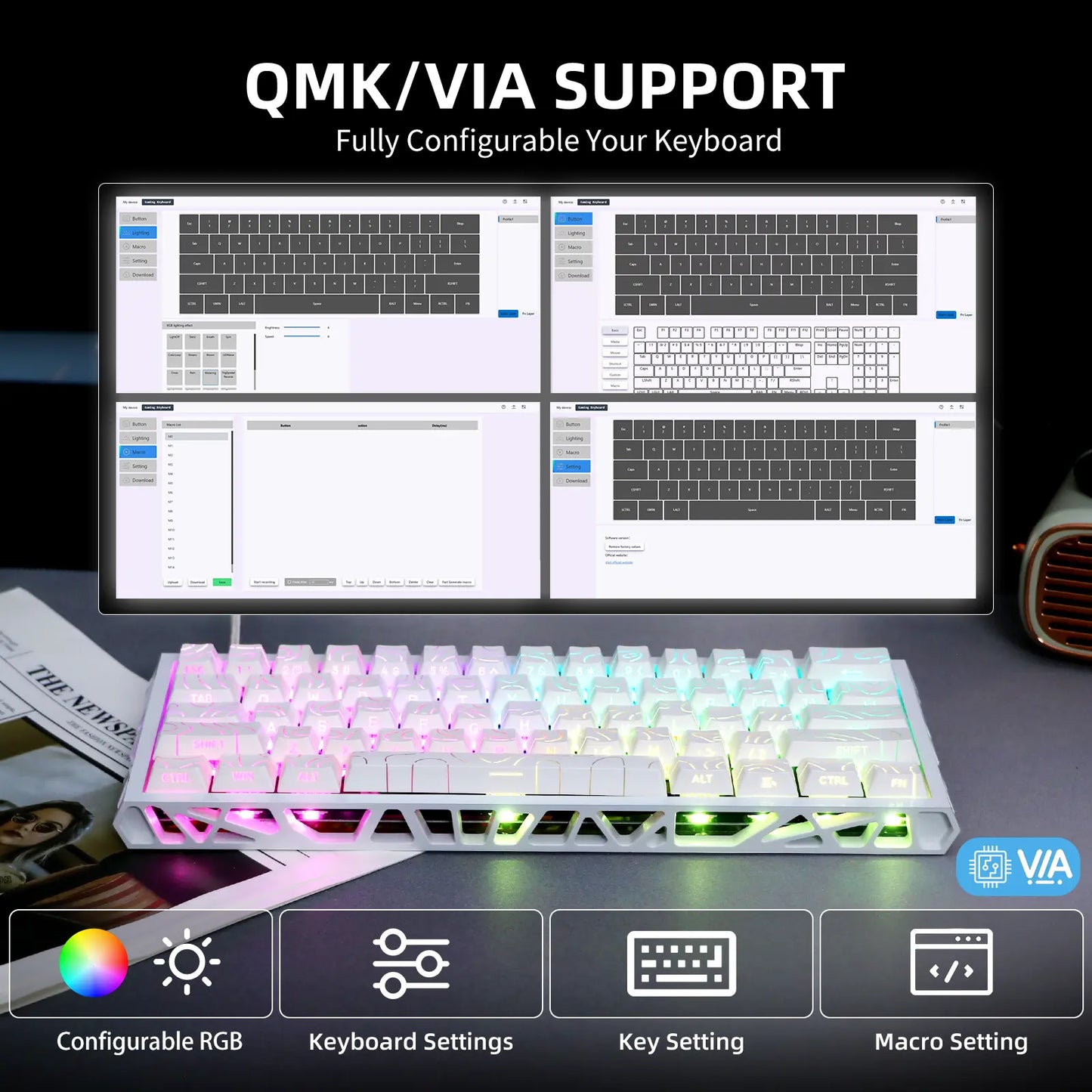 NJ61 Hollow Frame 60% Mechanical Keyboard, Topographic PBT Keycaps RGB Wired Custom Gaming Keyboard, 1000Hz Polling Rate Red Linear Switch, Compact 61 Keys Layout for PC Gaming & Desktop Setu