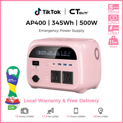 [Summerfinds]Ctolity AP400 Soft Pink 500W 346Wh Portable Power Station Solar Generator - Fast-Charging Backup Battery for Home Emergencies, Camping, Phone Power Needs