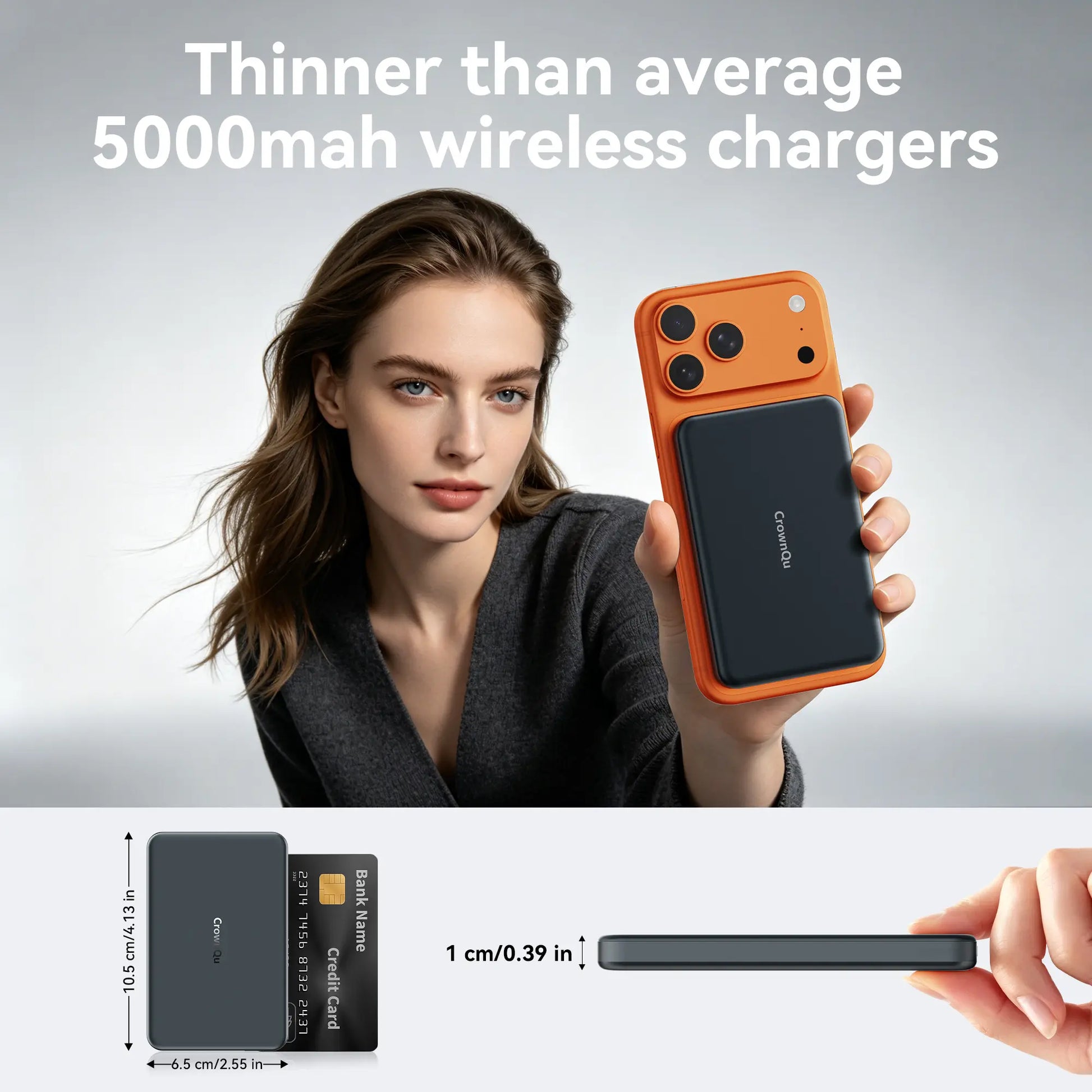 3-In-1 Semi-Solid State Magnetic Magsafe Wireless Power Bank, 22.5W Fast Charging 5000Mah Ultra Slim 0.39 Inch Card-Style Portable with USB-C Cable Compatible with Iphone and Android Smartphones Watch Wireless Headphones with Aluminum Metallic Texture