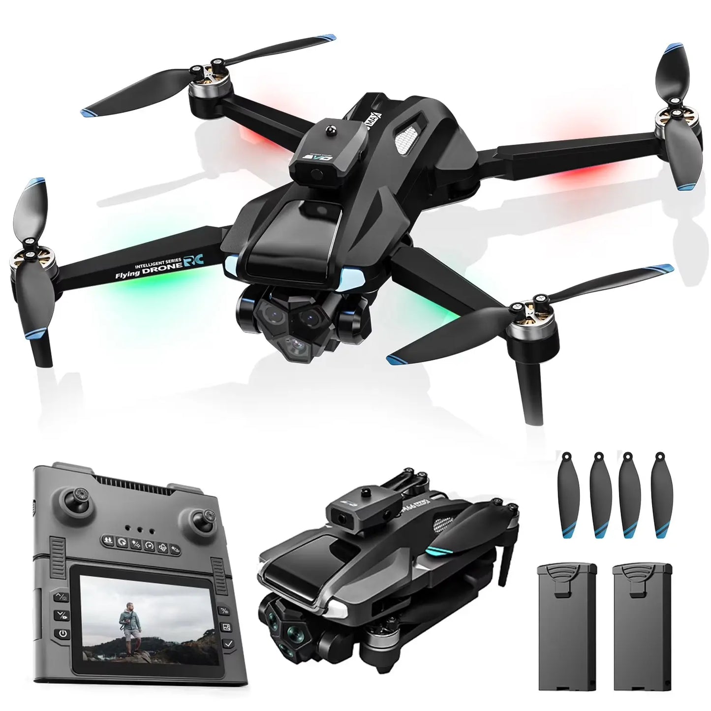 Drone with 4.3″ Foldable HD Screen Controller, 1080P HD Camera Drone for Beginners with Obstacle Avoidance, Optical Flow,Brushless Motor, 40-Min Flight Time, Easy to Fly