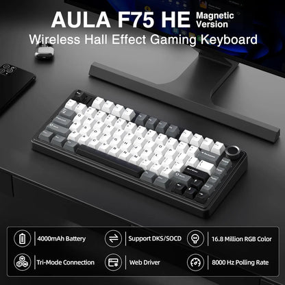 [NEW]AULA F75 HE Wireless Magnetic Switch Custom Gaming Keyboard, 75% Hall Effect Keyboard with Rapid Trigger, 8000Hz Polling Rate , Adjustable Actuation, BT/2.4G/USB-C, Hot Swappable RGB Backlit Keyboard for PC Gamer Multi-Device Creamy Keyboard