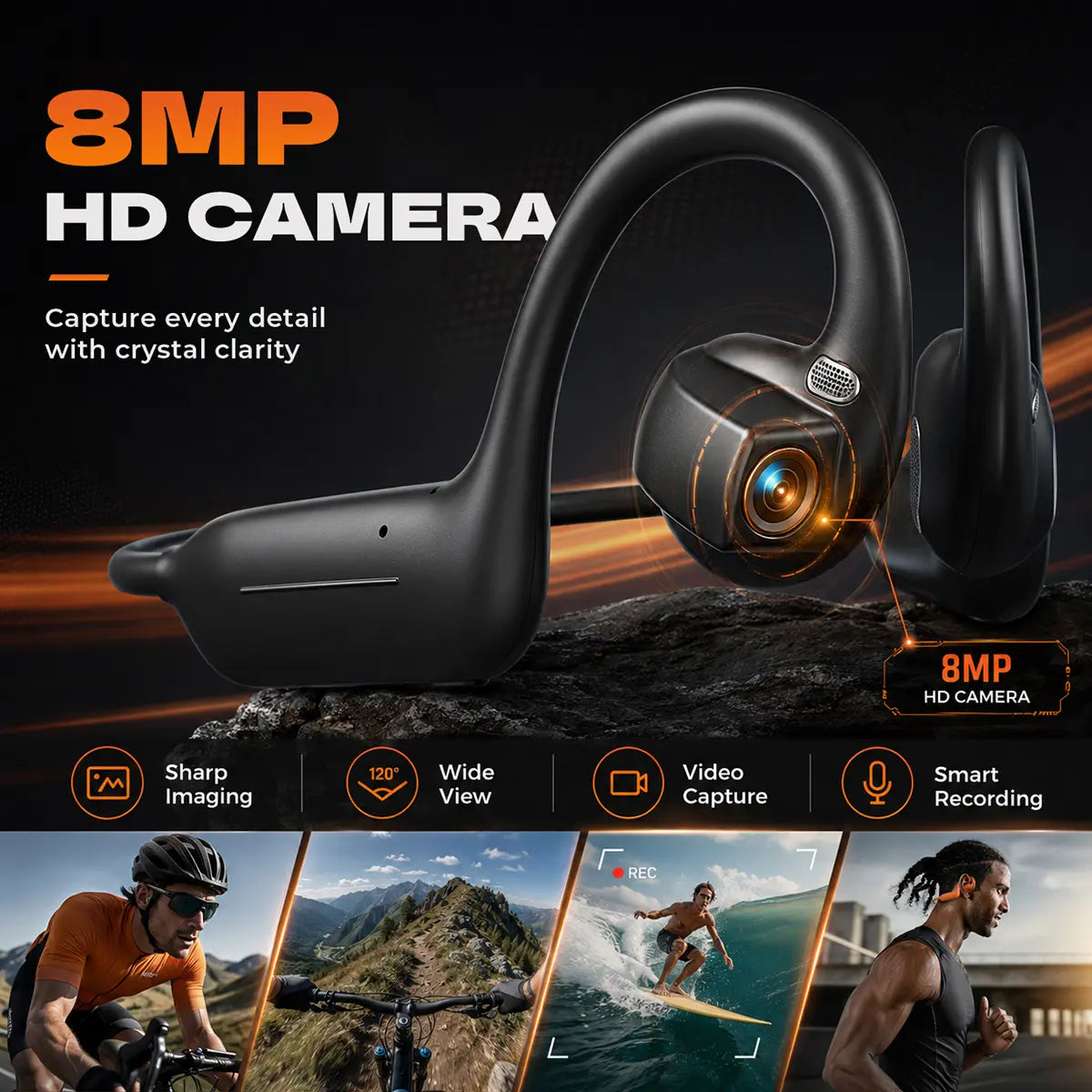 E12 Bone Conduction Camera Headset, AI Smart Conversation Open-Ear Bluetooth Earphones, Supports HD Video Recording & Voice Recording, Real-Time Translation via App, Ideal for Daily Life Recording, Cycling and Travel.