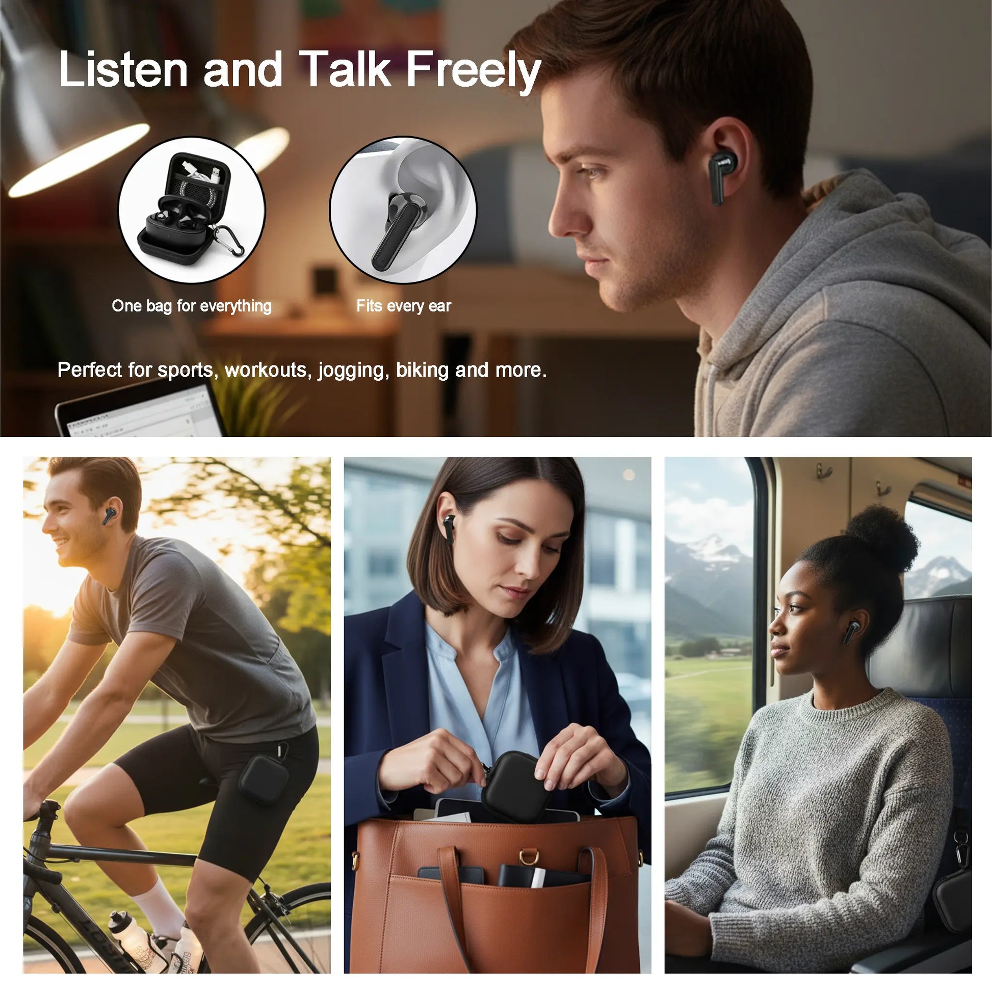 Wireless Noise-Cancelling Bluetooth Earbuds with Durable Charging Audio Accessories, Shockproof Metal Chain Hook Headset Carrying Case with Clips, Electronic Travel Essentials