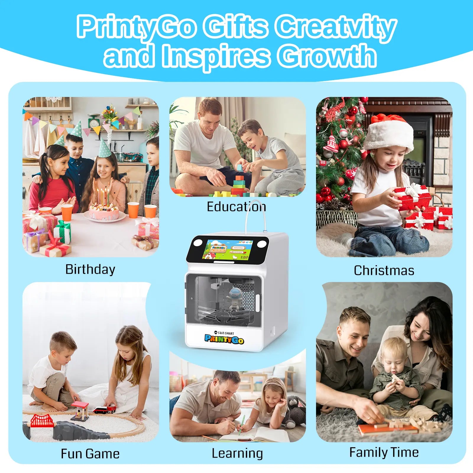 Sainsmart Printygo 3D Printer for Kids, 600Mm/S Auto Leveling Printer for Beginners with 5" Touch Screen, 1500+ Models, Child-Safe Design, Wi-Fi/App Control, Pre-Assembled for STEM Learning Gift