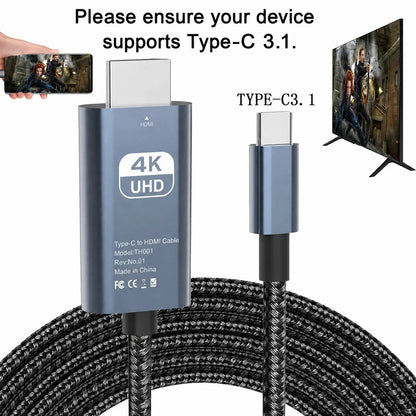 USB 3.1 Type-C to HDTV Adapter Cable, USB-C to HDMI, 4K HD Display, 2M/6.6Ft, Usb-Powered, No Battery, Direct Phone to Tv/Screen/Projector Connection, No Wifi or Software Needed