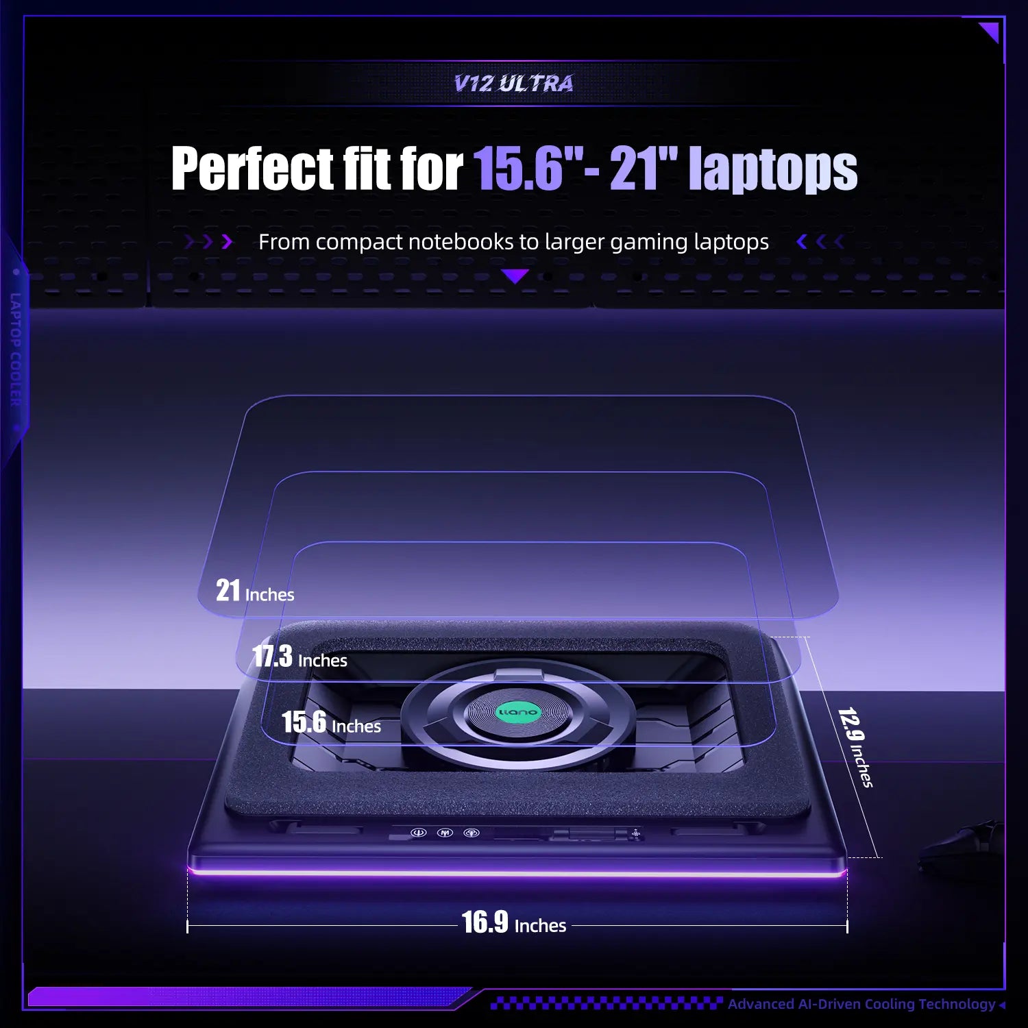 Dealsforyoudays Llano V12 Ultra Laptop Cooling Pad with Smart Software Control, RGB Gaming Laptop Fan Cooler Stand, 5.5" Turbo Fan, Adjustable Speed, 3*USB 3.0 Ports, 3 Height Stands, for 15.6"-21" Laptops