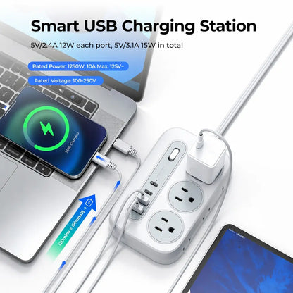 ORICO OG Series 10-In-1 Multifunctional Power Strip, 6 AC Outlets, 2 USB-A & 2 USB-C Ports, Compact Surge Protector, 1.5M/3M Cable Length Options, with 10-Year International Warranty for Home Office & Travel--Og15