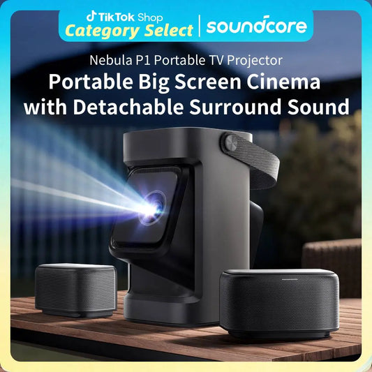 Nebula P1 Portable GTV Projector with Detachable Speakers, 650 ANSI Lumens, 1080P, 20W Truly 2.0 Surround Sound, Dolby Audio, Built-In Gimbal, Auto Adjustment, 180" Big Screen, Carry Handle