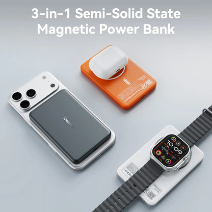 3-In-1 Semi-Solid State Magnetic Magsafe Wireless Power Bank, 22.5W Fast Charging 5000Mah Ultra Slim 0.39 Inch Card-Style Portable with USB-C Cable Compatible with Iphone and Android Smartphones Watch Wireless Headphones with Aluminum Metallic Texture
