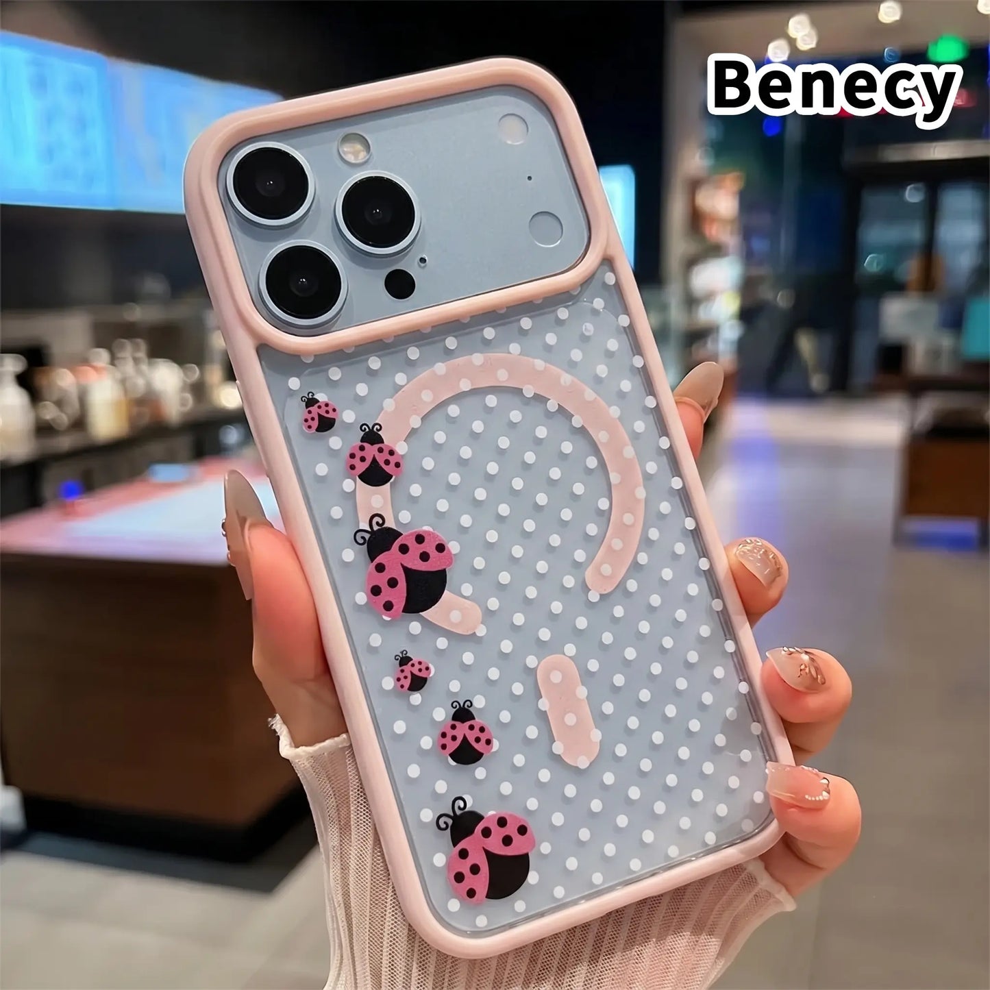 Clear Phone Case for Iphone 17 16 Pro Max plus 15 14 13 12 11 Air E Ladybug Floral Dots Pattern Magnetic Sunction Acrylic Back Full Body Protective Cover Protection Wireless Shockproof Transparent Silicone Casing