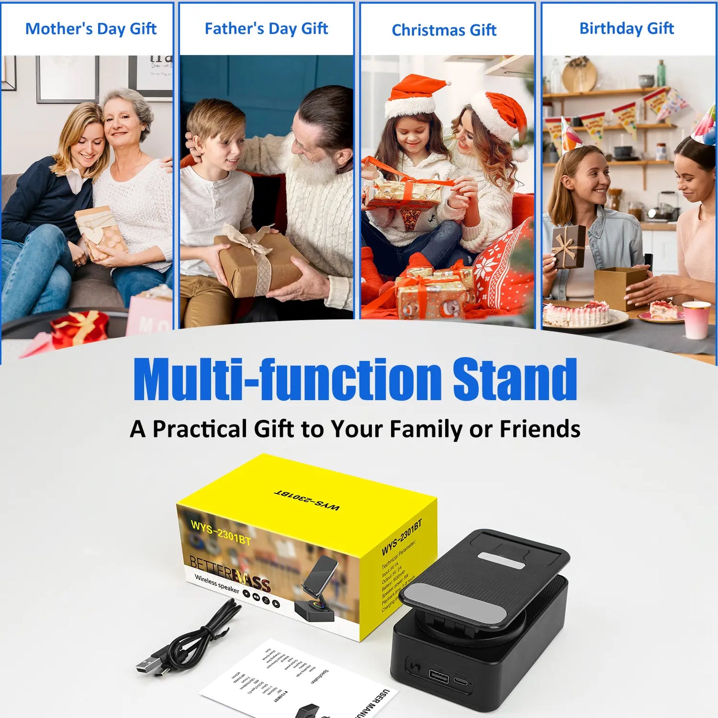 New 5 in 1 Wireless Speaker Phone Bracket – RGB Dynamic Light Spinning Foldable Emergency Power Bank for Tablet Cellphone, Gift for Him Her