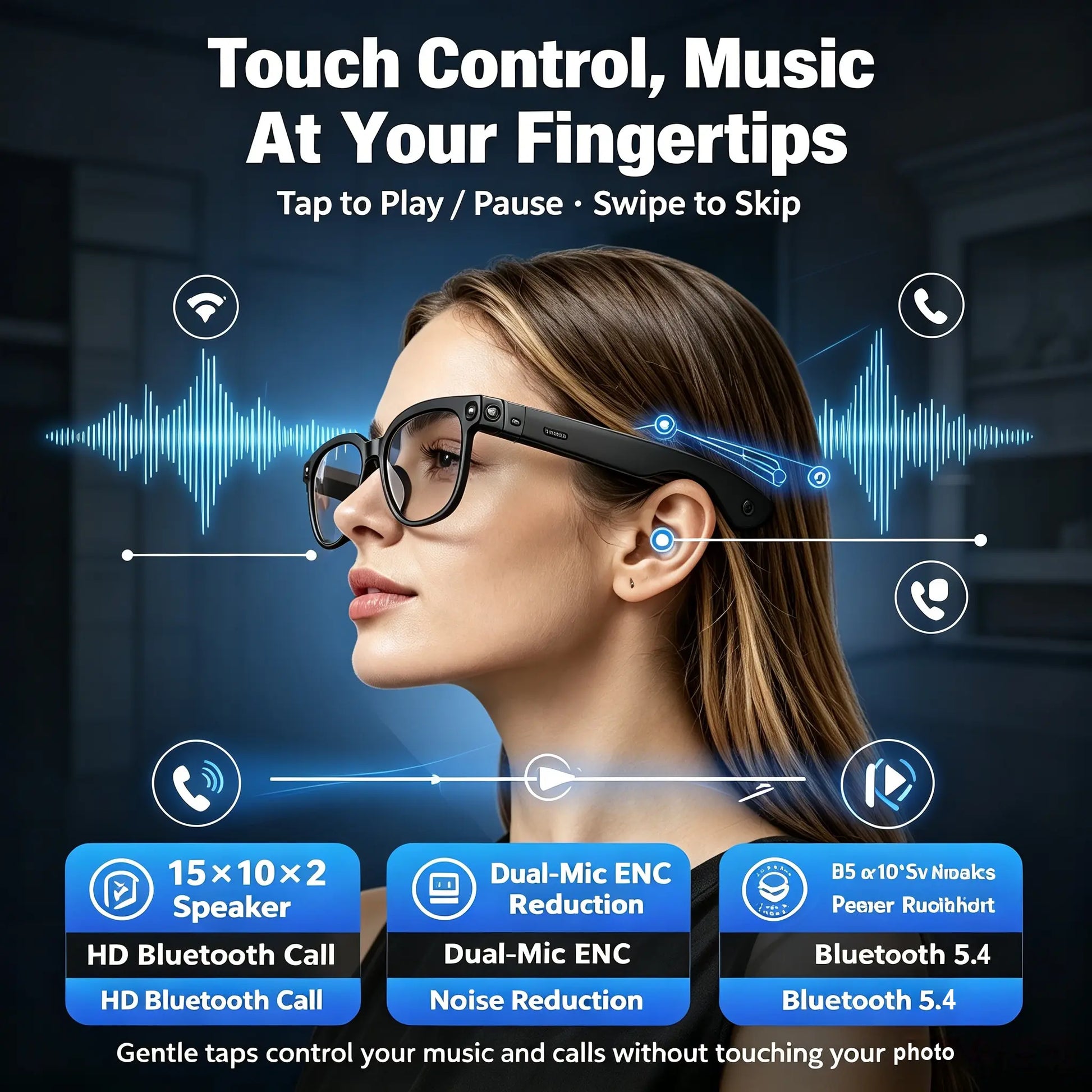 Smart Camera Glasses 8MP HD Sensor 1080P Video Recording Waterproof Touch Adjustment Clear Calls AI Voice Control 7H Battery Life Wear Detection WIFI Transfer POV Hands-Free Eyeglasses for Sports Travel