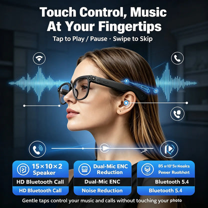 Smart Camera Glasses 8MP HD Sensor 1080P Video Recording Waterproof Touch Adjustment Clear Calls AI Voice Control 7H Battery Life Wear Detection WIFI Transfer POV Hands-Free Eyeglasses for Sports Travel