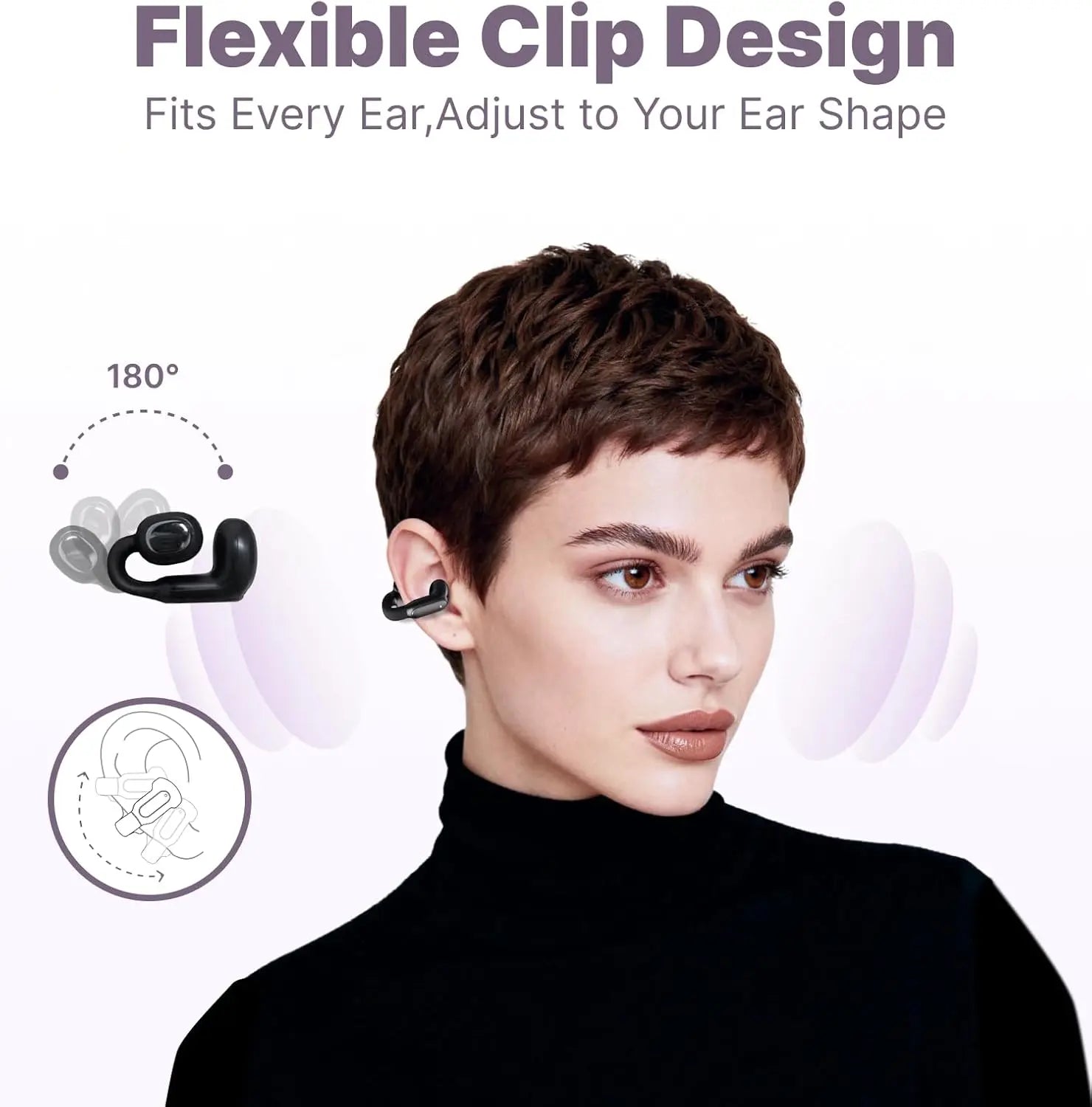 Hmusic A24 Open-Ear Headset - Bluetooth 6.0 TWS Wireless Earbud-Style Open-Ear Clip-On Earphones, AI ENC, IPX5 Water Resistant, Touch Control, Handsfree for Office, Fitness