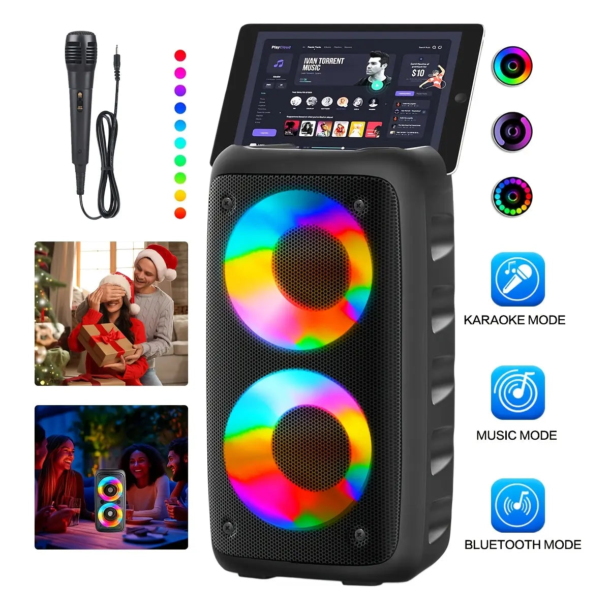 Portable Wireless Bluetooth Speaker - Dual 4" Subwoofer, Loud Bass & RGB Lights. Supports TWS, MIC, USB, AUX. Perfect for Outdoor Camping, Karaoke & Parties. Ideal Holiday Gift! Microphone with Stereo Btspeaker