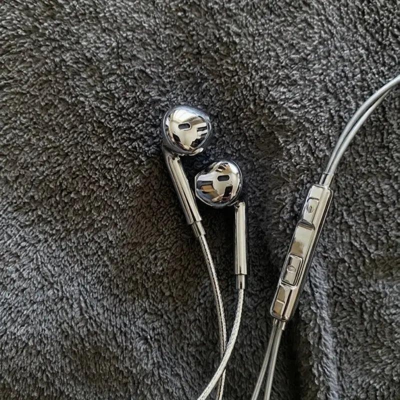 Type C Wired Earbuds with Chrome Finish, Improved Sound Quality, Functional, Y2K Trendy Portable Electronic Audio Headphones