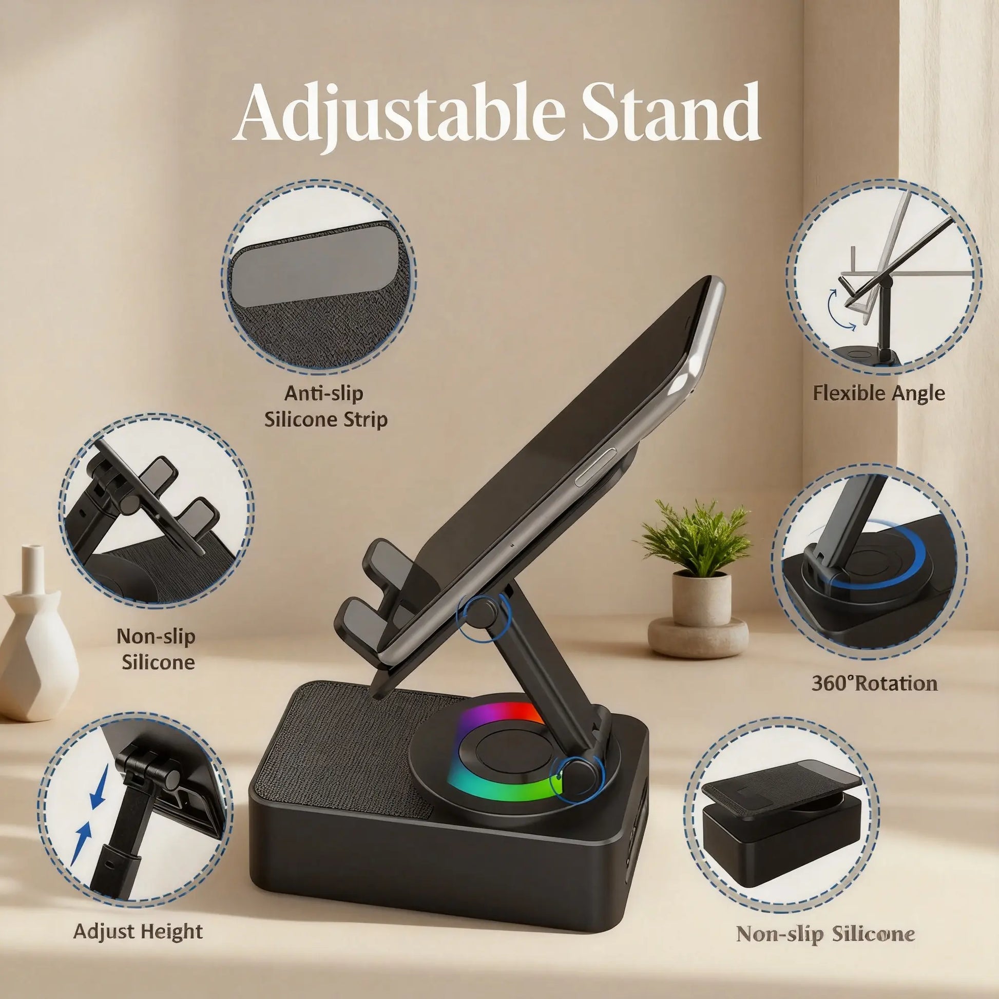 New 5 in 1 Wireless Speaker Phone Bracket – RGB Dynamic Light Spinning Foldable Emergency Power Bank for Tablet Cellphone, Gift for Him Her