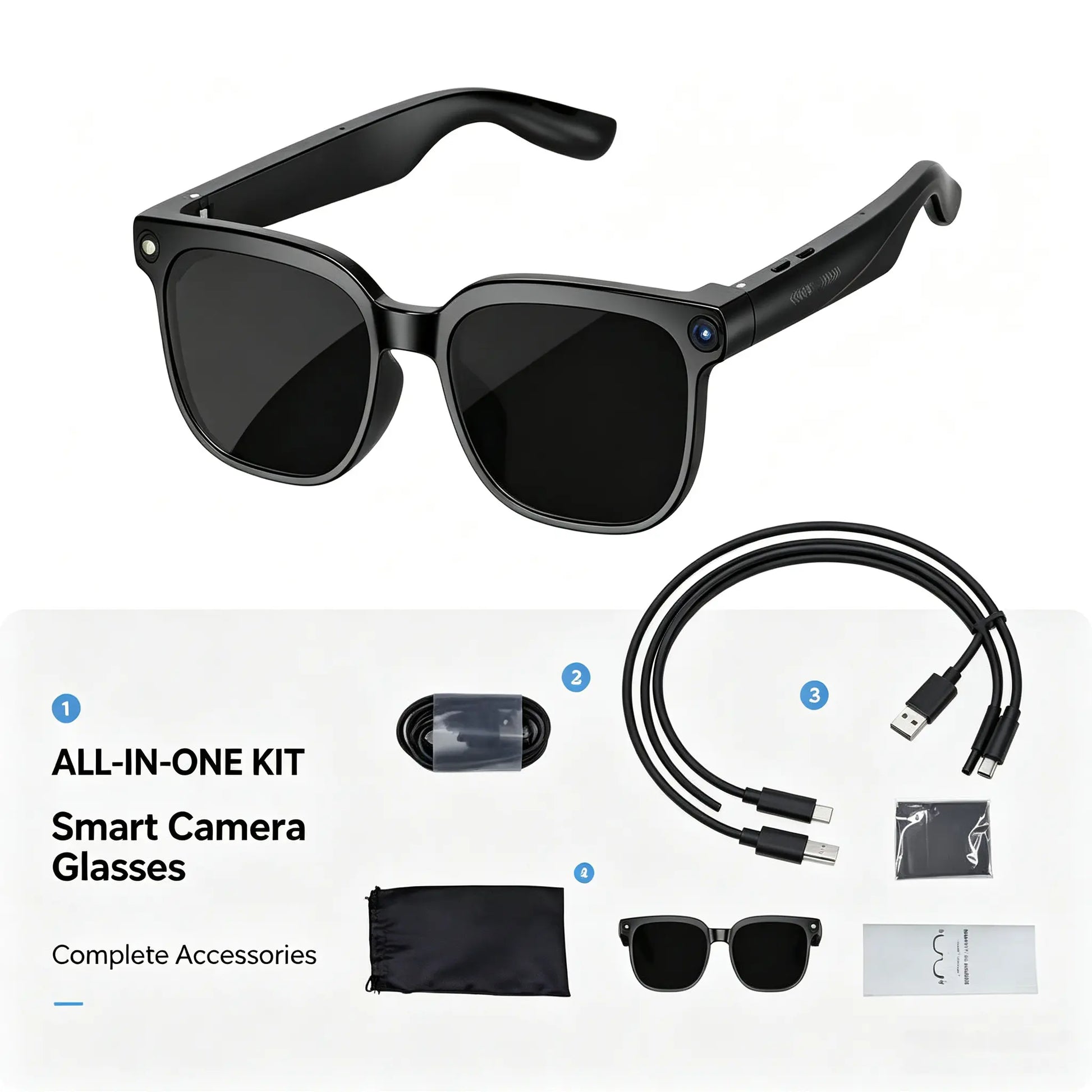 Smart Camera Glasses 8MP HD Sensor 1080P Video Recording Waterproof Touch Adjustment Clear Calls AI Voice Control 7H Battery Life Wear Detection WIFI Transfer POV Hands-Free Eyeglasses for Sports Travel