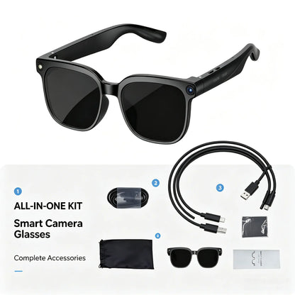 Smart Camera Glasses 8MP HD Sensor 1080P Video Recording Waterproof Touch Adjustment Clear Calls AI Voice Control 7H Battery Life Wear Detection WIFI Transfer POV Hands-Free Eyeglasses for Sports Travel
