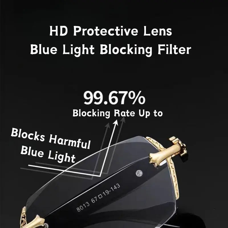 Unisex Metal Frame Blue Light Blocking Glasses with Auto-Darkening Photochromic UV Protection Lenses, Decorative Diamond Edges, and Durable Rimless Design - High-Quality Eyewear for Any Occasion