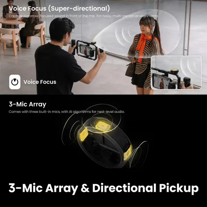 Insta360 Mic Pro, Wireless Mini Lavalier Microphone for Iphone/Camera/Android, Video Recording, Bluetooth, Customizable E-Ink Display, 3-Mic Array, Available for Lightning Device