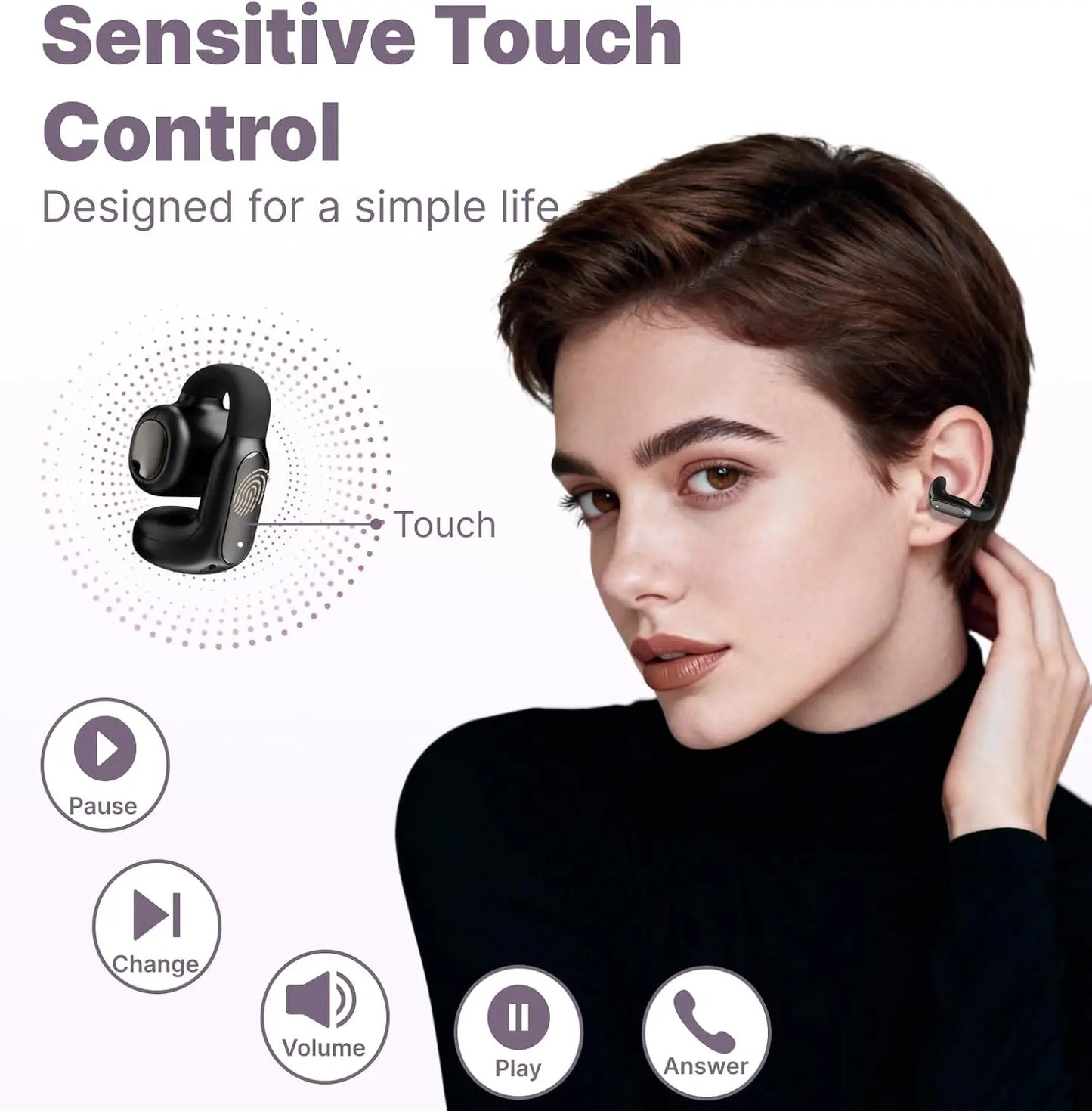 Hmusic A24 Open-Ear Headset - Bluetooth 6.0 TWS Wireless Earbud-Style Open-Ear Clip-On Earphones, AI ENC, IPX5 Water Resistant, Touch Control, Handsfree for Office, Fitness